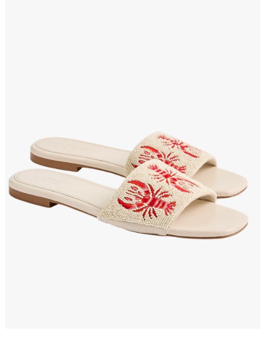 J Crew Beaded Lobster Theme Flat Open Toe Slides Women’s SZ 7 White Red